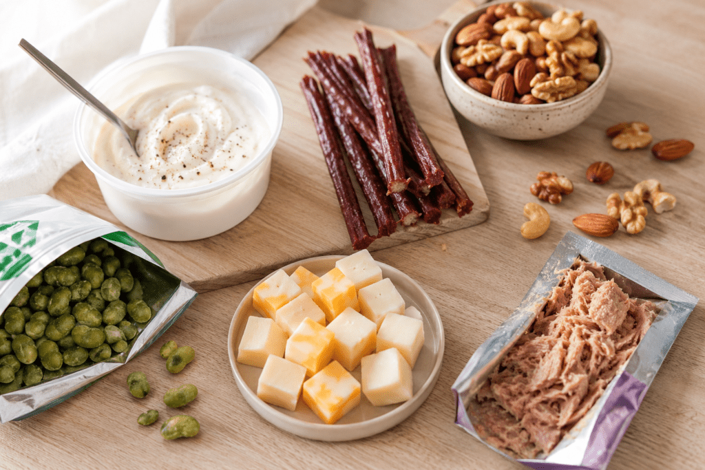 High-protein snacks including Greek yogurt, jerky, edamame, and cheese arranged on a countertop